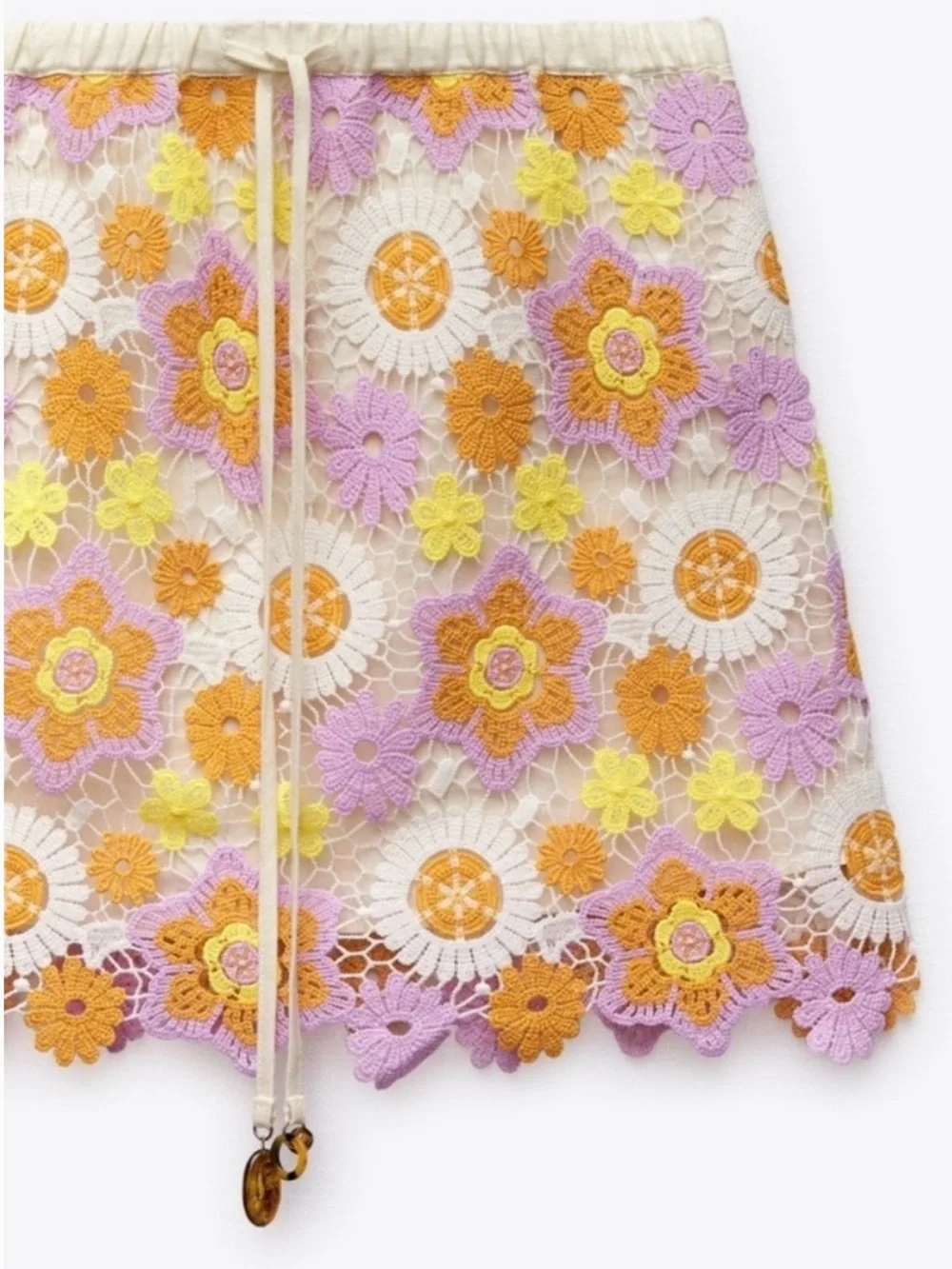 ZARA - Pink and Yellow Floral Crochet Mini Skirt - Size XS